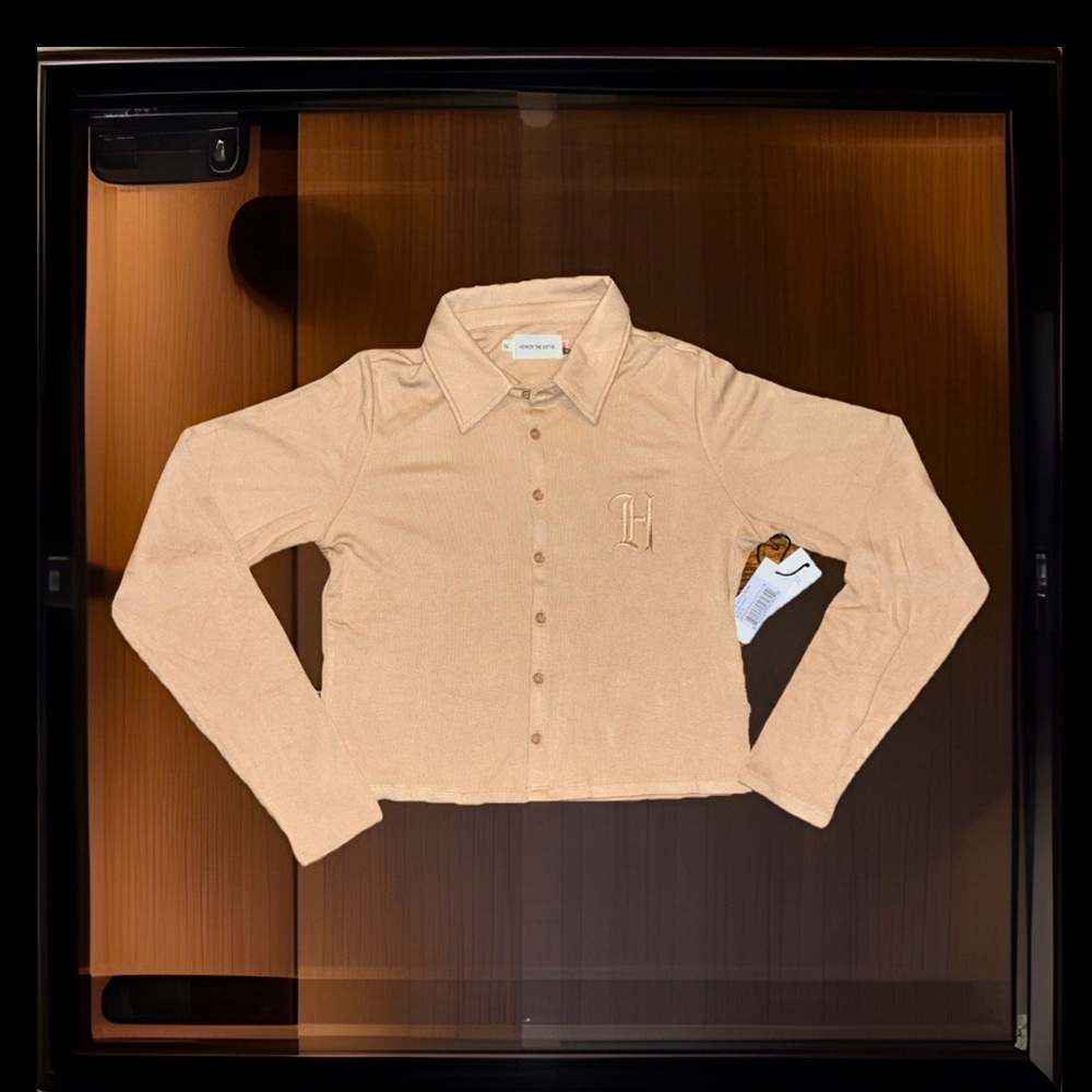 HONOR THE GIFT Monogram HTG Rib Knit Long Sleeve Button-Up Rayon Shirt/Cardigan